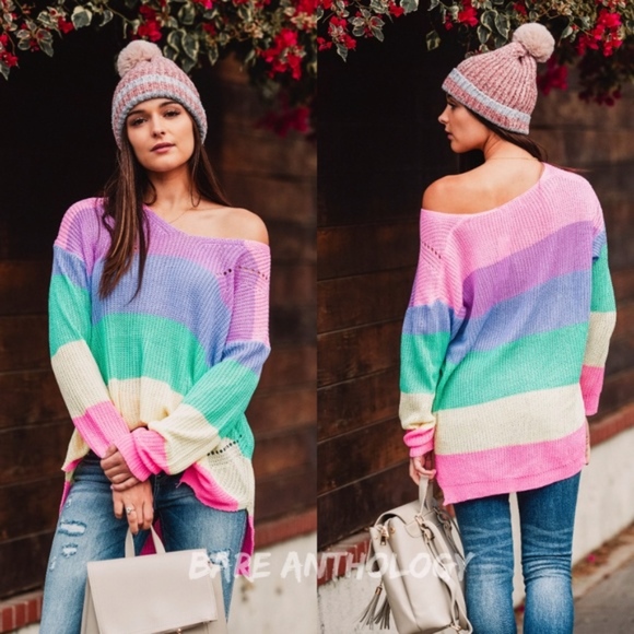 CHELSEA Color Block Rainbow Knit Sweater - Picture 2 of 2